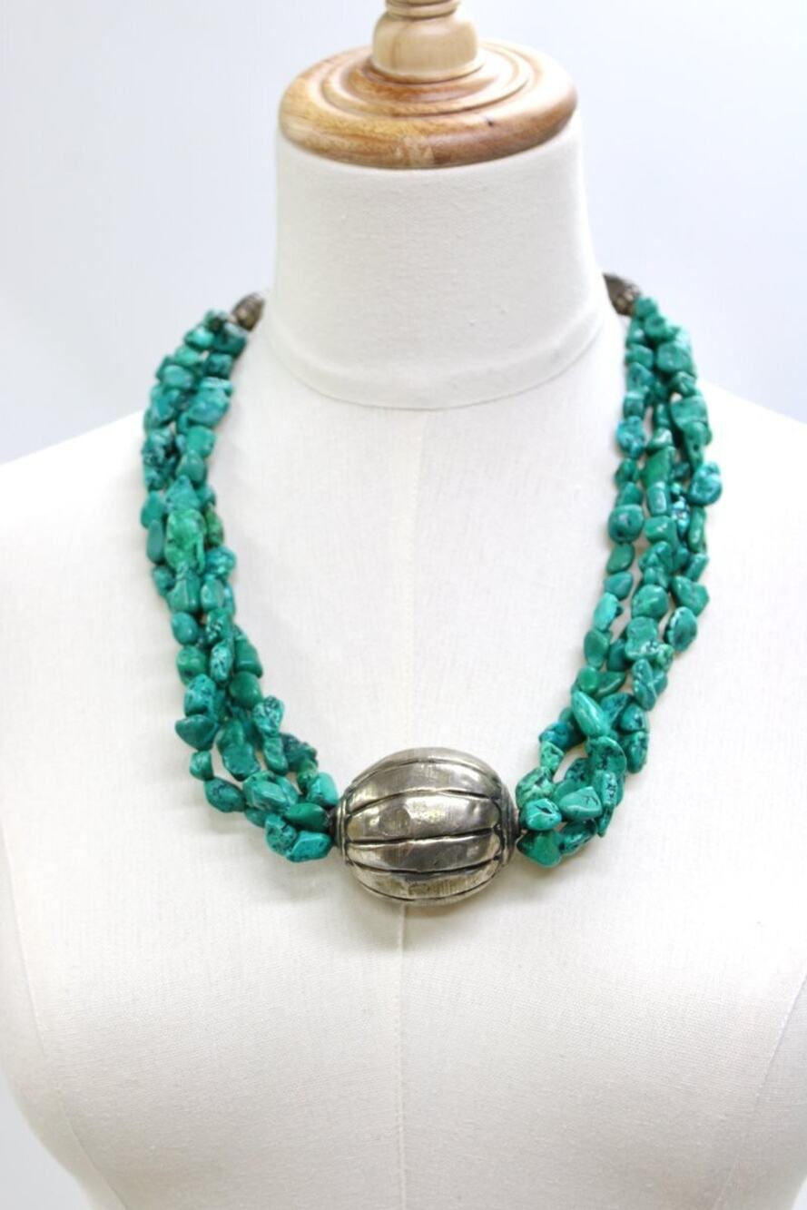 Chunky Faux Turquoise Multi Strand Statement Necklace Lrg Silver Brutalist Bead